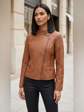 JustFab Brown Faux Leather Moto Jacket Asym Zip Quilted Shoulder NWOT sz XL